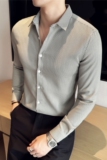 千鸟格长袖衬衫男士修身高级感痞帅衬衣休闲寸衫咖啡色C2005-P58，男装衬衫，电商A213