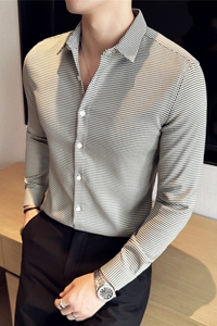 千鸟格长袖衬衫男士修身高级感痞帅衬衣休闲寸衫咖啡色C2005-P58图片