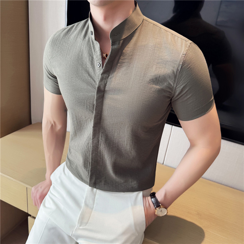 新中式立领衬衫冰丝透气褶皱肌理纹细条纹短袖衬衫白色C1015-P58，男装衬衫，电商A213