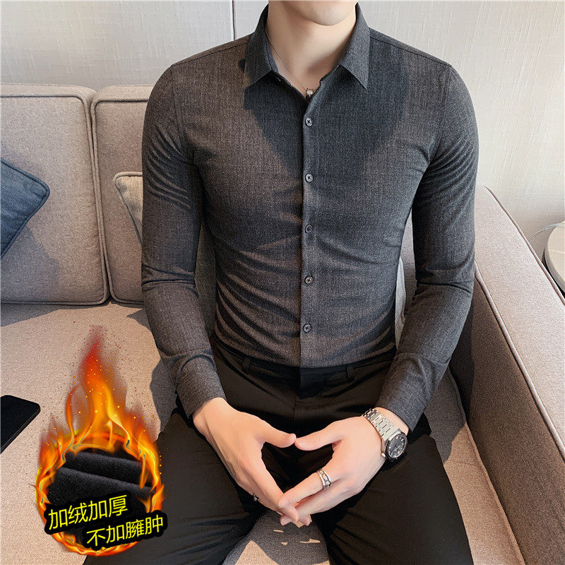 加厚加绒~高级感男纯色长袖衬衫磨毛质感衬衣修身黑色JR818-P68,男装衬衫,电商A213