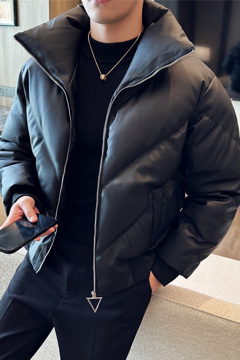 加厚棉衣男大翻领皮外套时尚拉链PU皮夹克面包服黑色MY5517-P208图片