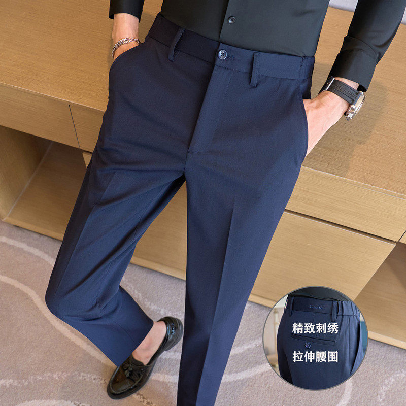 色织布全包边做工~男休闲西裤松紧弹力腰刺绣长裤藏青色XK133-P68