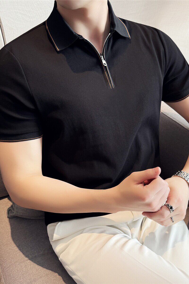 半拉链短袖Polo衫时尚翻领薄款休闲冰丝弹力T恤衫黑色PL2710-P57，男装Polo衫，电商A213