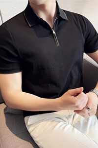 半拉链短袖Polo衫时尚翻领薄款休闲冰丝弹力T恤衫黑色L2710-P57图片