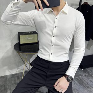 高级感弹力无痕压胶坠感丝滑长袖衬衫男修身衬衣蓝色C6018-P78