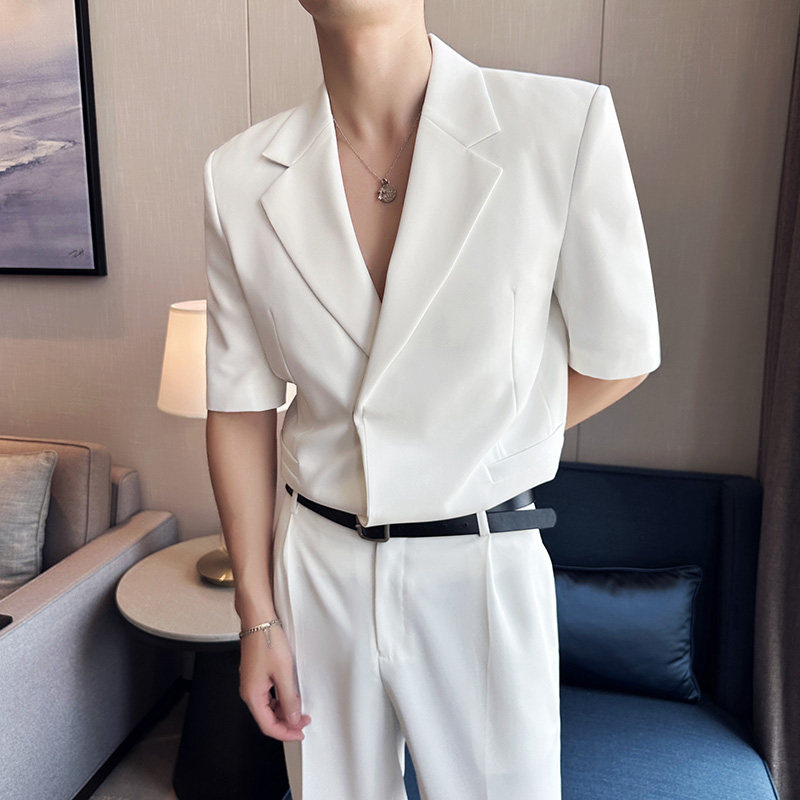 送皮带~潮男时尚穿搭~夏装男宽松西装两件套短袖西服LJT5503-P220,男装T恤,电商A213