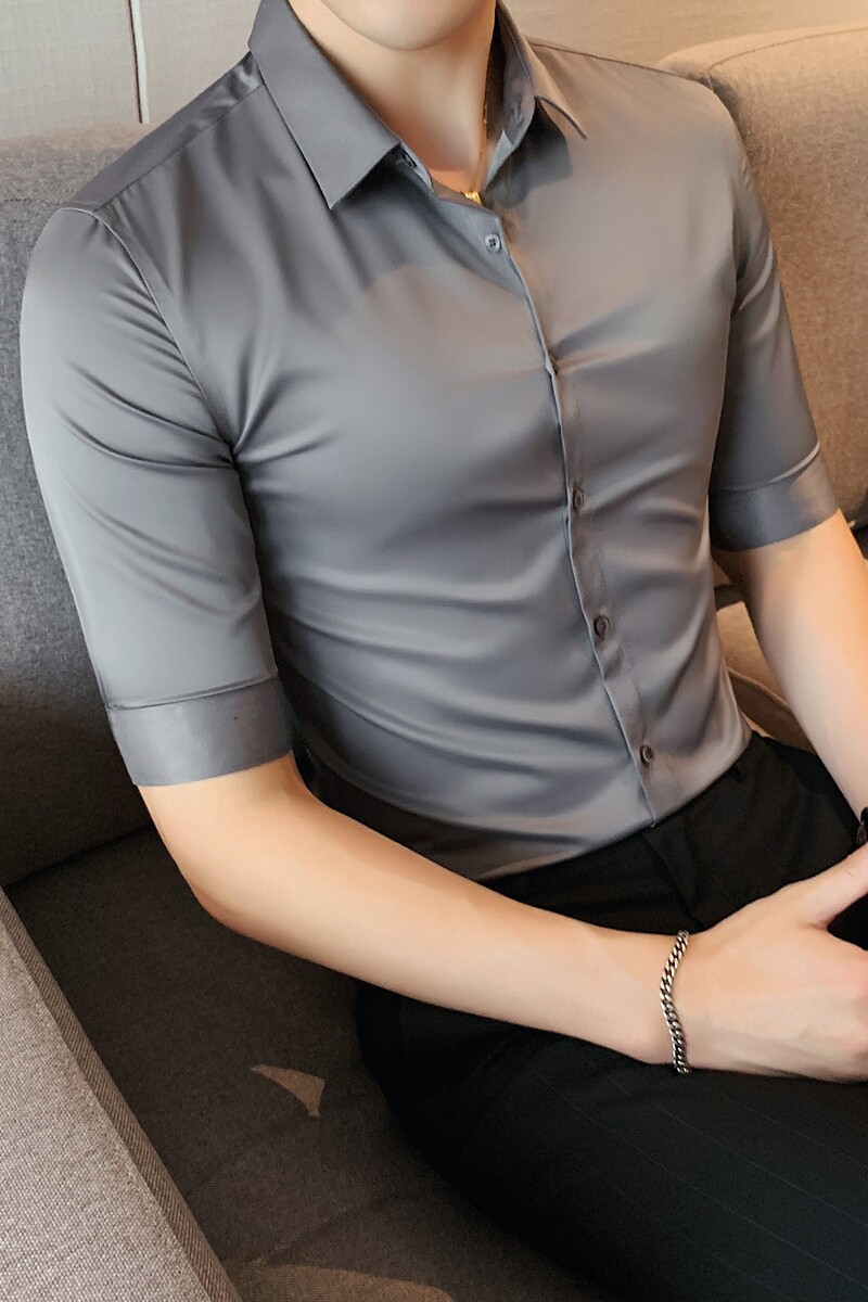 高档夏季薄款冰丝面料中袖衬衫男修身商务免烫休闲衬衣C933-P50,男装衬衫,电商A213
