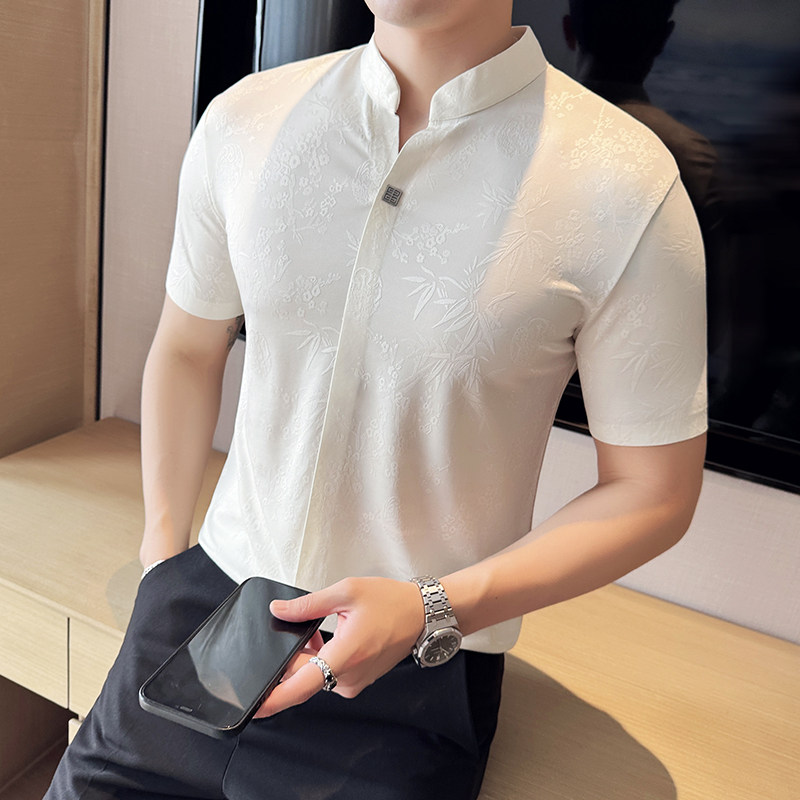 新中式立领无痕~时尚提花V领polo衫薄款短袖t恤黑色PL2537-P67,男装T恤,电商A213
