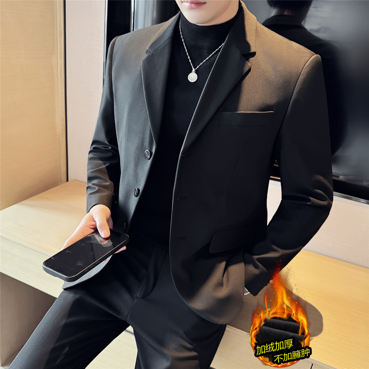 加绒加绒西装~高级感西装套装男西服两件套黑色LJT3001-P225,男装西服,电商A213