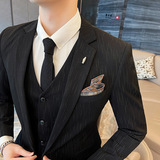 S-7XL虚线条纹休闲西装套装男修身帅气西服三件套SJT109-P210特，男装西服套装，电商A213