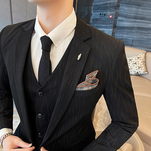 S-7XL虚线条纹休闲西装套装男修身帅气西服三件套SJT109-P210特图片