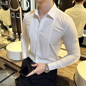 塔士多礼服衬衫新郎结婚长袖衬衫男褶皱设计感衬衣黑色C6609-P73图片