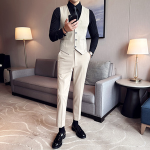高品质面料西服套装纯色双排扣戗驳领西装三件套卡其SJT8021-P275图片
