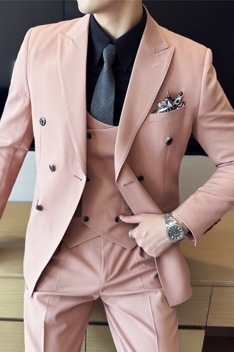 高品质面料西服套装双排扣戗驳领西装三件套男桔粉色SJT8011-P275,男装西服套装,电商A213