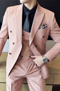 高品质面料西服套装双排扣戗驳领西装三件套男桔粉色SJT8011-P275图片