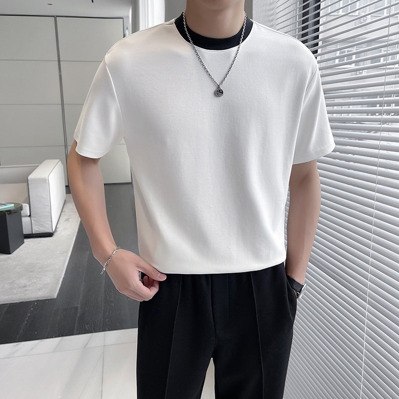 轻熟风~假两件领口~圆领短袖t恤男纯棉宽松纯色打底黑色TU271-P53,男装T恤,电商A213