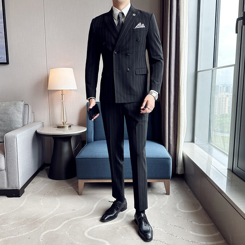 新郎西服套装条纹双排扣戗驳领西装三件套男西服黑色SJT8013-P275,男装西服套装,电商A213