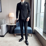 新郎西服套装条纹双排扣戗驳领西装三件套男西服黑色SJT8013-P275，男装西服套装，电商A213
