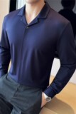 古巴领长袖POLO衫男高级感西装领无痕翻领T恤宝蓝色T2810-P73，男装T恤，电商A213