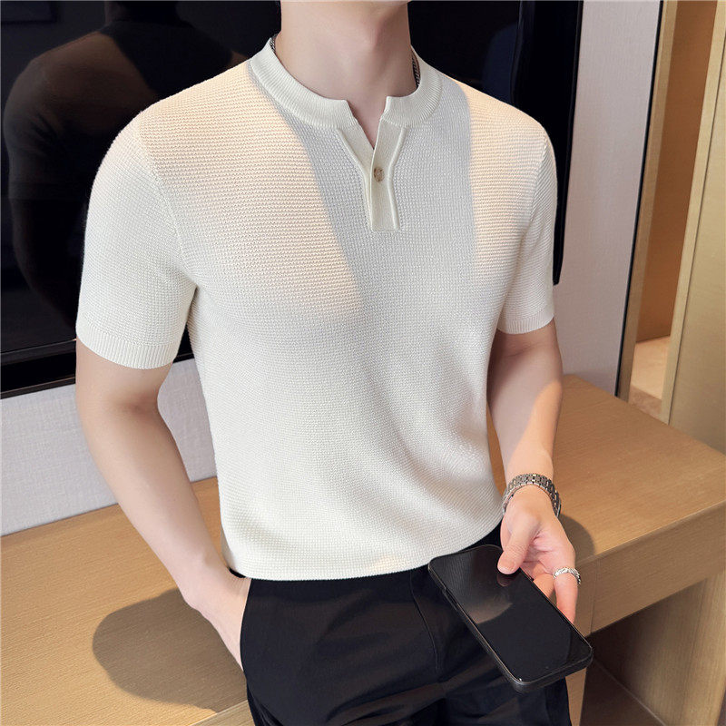 老钱风亨利领针织短袖男T8986-P57,男装Polo衫,电商A213