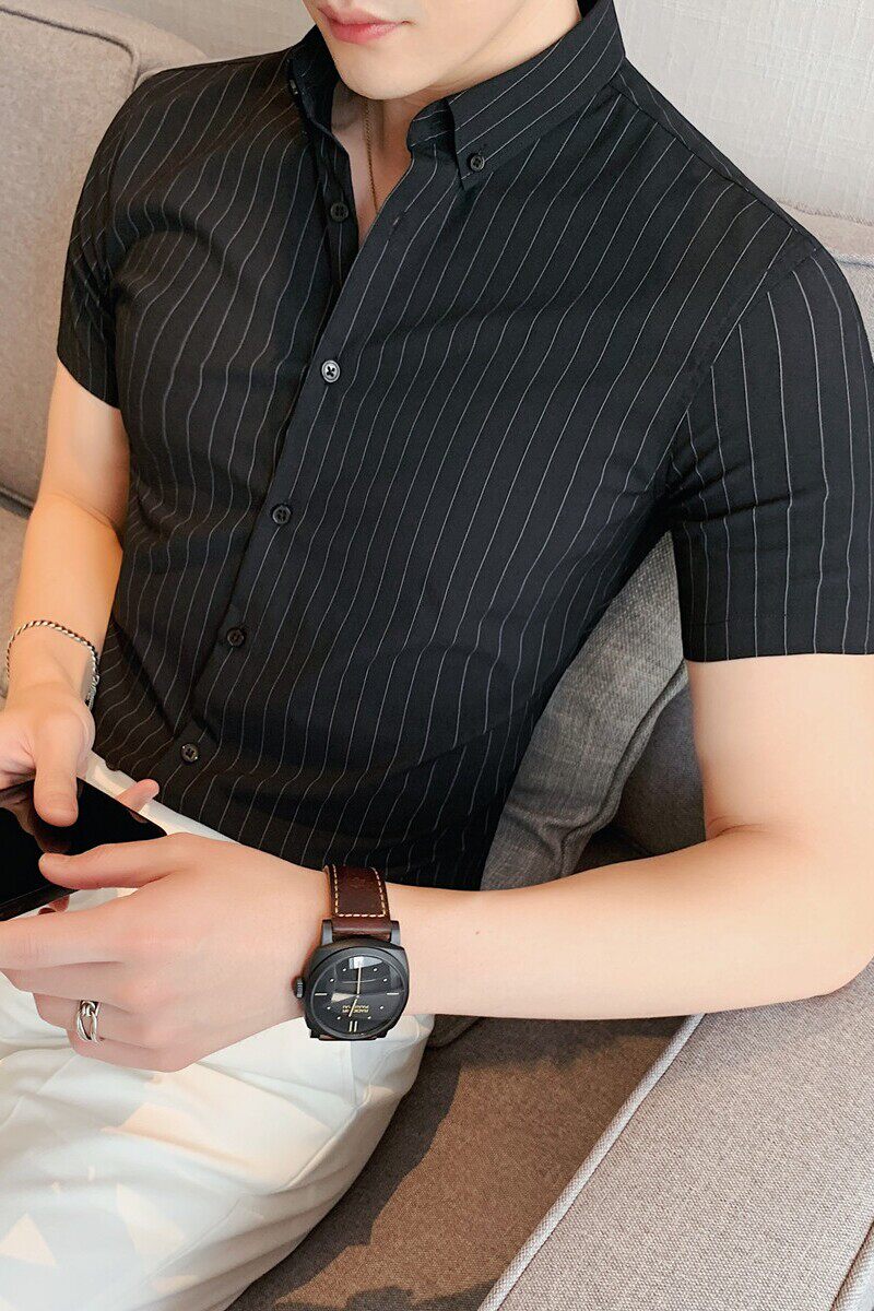 补齐~夏季薄款色织条纹短袖衬衫轻商务衬衣弹力修身衬衫C1807-P60图片