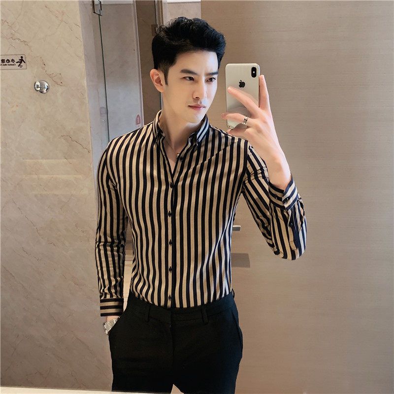 常年做男士经典条纹长袖衬衫轻奢质感衬衣修身卡其色C6123/P58，男装衬衫，电商A213