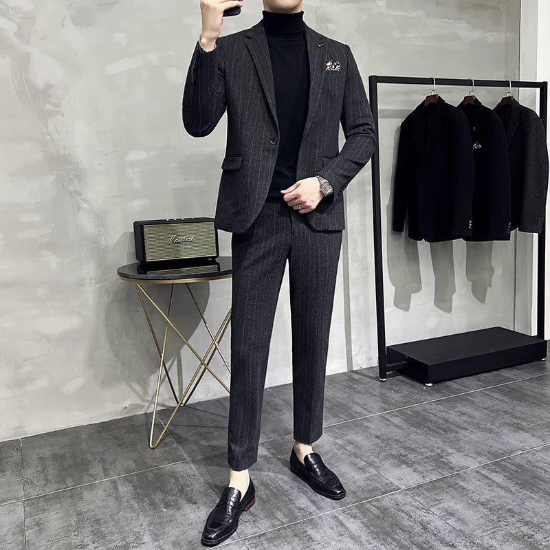 条纹毛呢休闲西装外套男修身韩版秋冬加厚款西服套装LJT6953-P230,男装西服套装,电商A213