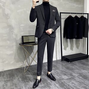 条纹毛呢休闲西装外套男修身韩版秋冬加厚款西服套装LJT6953-P230图片