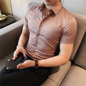 夏季薄款冰丝短袖衬衫男纯色暗门襟修身短袖衬衫DC6637-P50图片