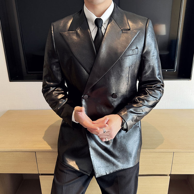 主持人高级感西装外套亮面皮衣休闲时尚皮西服灰色DX702-P178，男装西服套装，电商A213