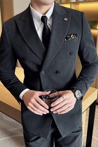 大码戗驳领双排扣西装两件套男修身商务西服套装LJT7053-P150特图片