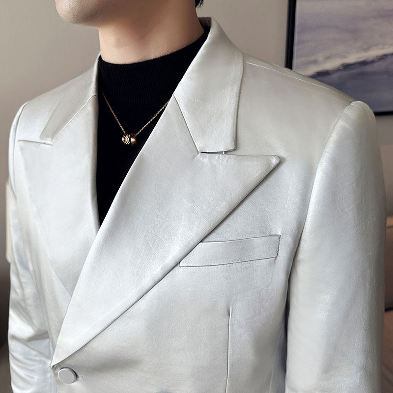 主持人高级感西装外套亮面皮衣休闲时尚皮西服灰色DX702-P178，男装西服套装，电商A213