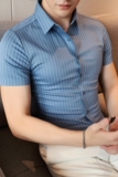 高品质~冰丝无痕衬衫丝滑免烫商务条纹衬衣男短袖衬衫C6003-P73，男装T恤，电商A213
