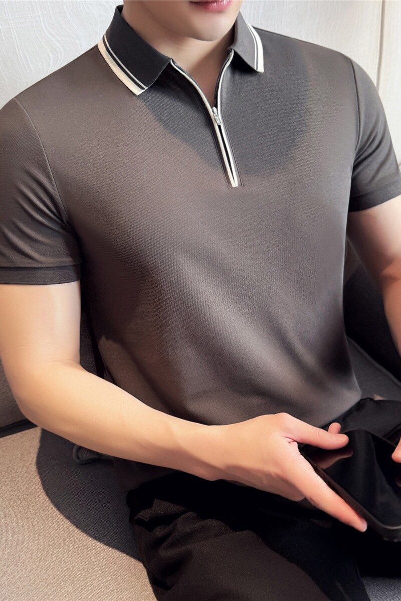 新疆长绒棉液氨科技~夏季薄款半拉链撞色polo衫短袖t恤PL2257-P57图片