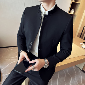 新中式立领西装两件套男高级感修身纽扣装饰西服套装LJT119-P203图片