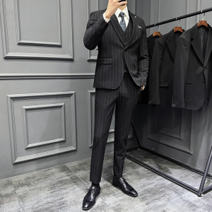 高级感西服套装条纹一粒扣戗驳领西装三件套黑色SJT8015-P275图片