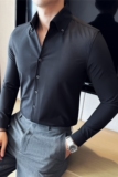 高级感纯色V领衬衫男长袖立领衬衣垂坠感一字领衬衫黑色C6623-P58，男装衬衫，电商A213