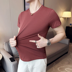 薄款冰丝弹力西条纹修身短袖T恤男弹力圆领打底衫砖红色TH005-P35