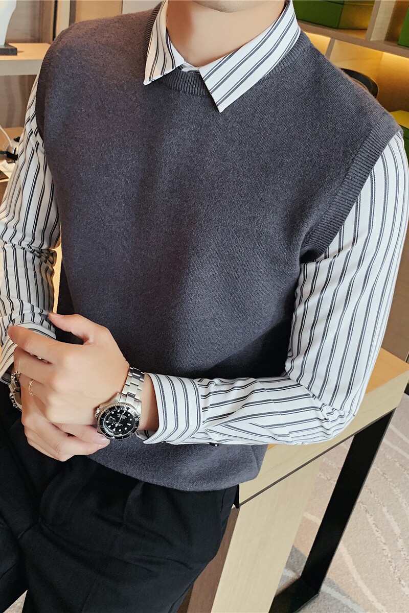 秋冬假两件条纹拼接衬衫领针织背心男士套头毛衣灰色M6801-P88,男装背心/马甲,电商A213