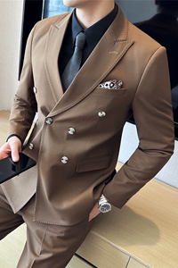 高品质西服戗驳领双排扣纯色西装三件套男咖啡色SJT8016-P275图片