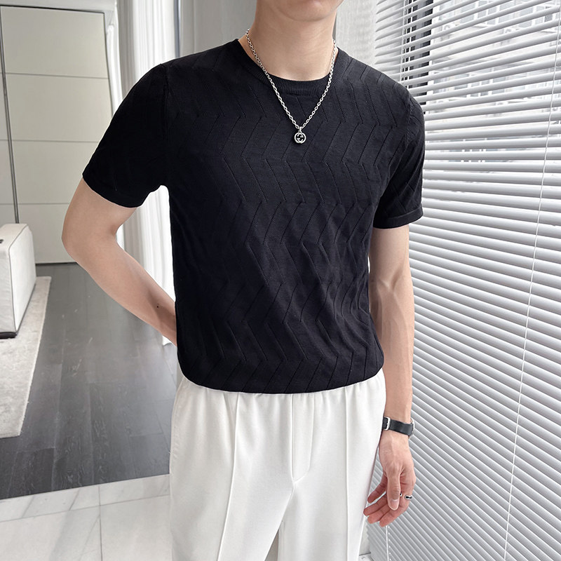 轻熟风~冰丝清凉镂空针织圆领短袖T恤男修身弹力T恤黑色T9780-P58,男装T恤,电商A213