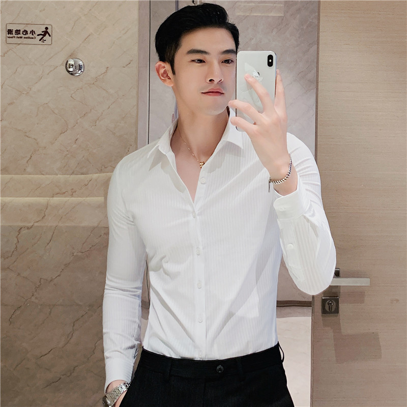 补齐长期做男士时尚暗条纹长袖衬衫磨毛修身衬衣男白色C8601-P65,男装衬衫,电商A213
