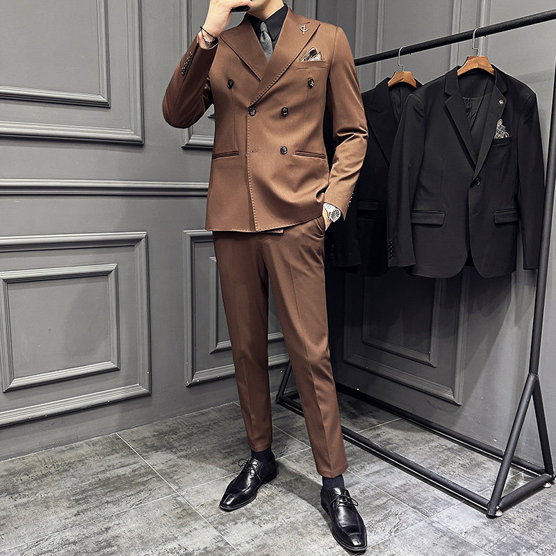 高级感西服套装双排扣戗驳领西装三件套男巧克力色SJT121-P265图片