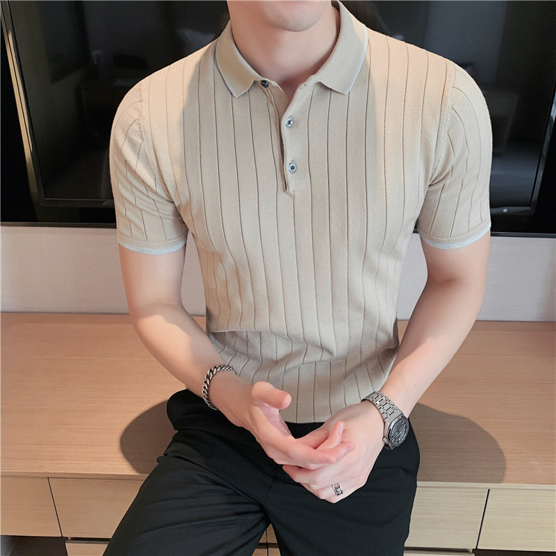 夏季时尚暗条纹针织Polo衫拼色修身翻领短袖T恤卡其色PL9725-P60,男装T恤,电商A213