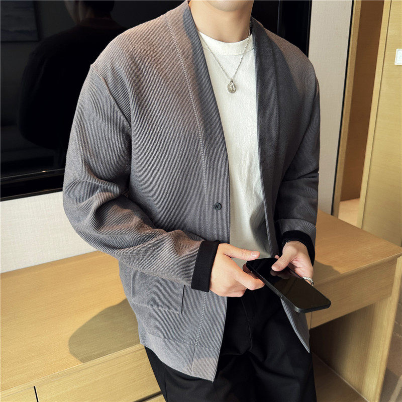 高级感秋冬撞色拼接加厚毛衣外套男V领针织开衫黑色M2223-P98图片