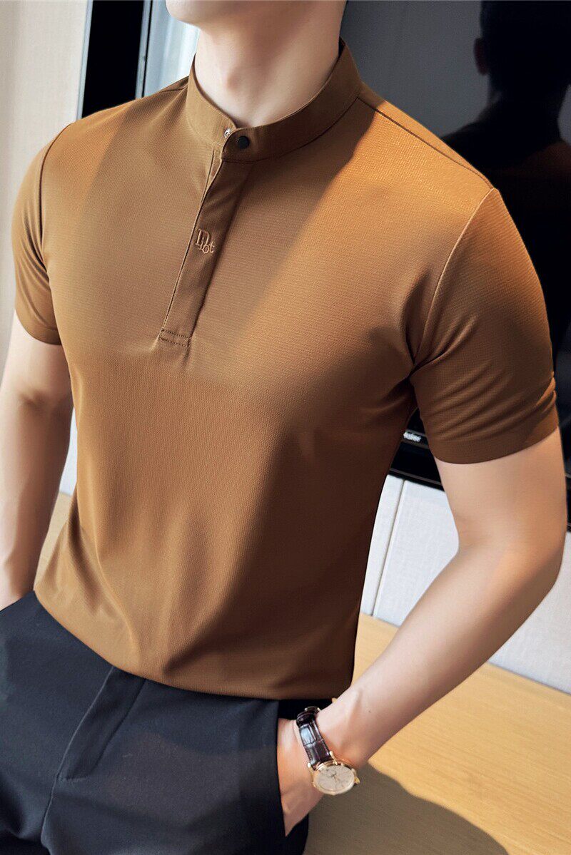 新中式垂感华夫格高级感polo衫立领刺绣短袖t恤咖啡色PL2319-P58，男装Polo衫，电商A213
