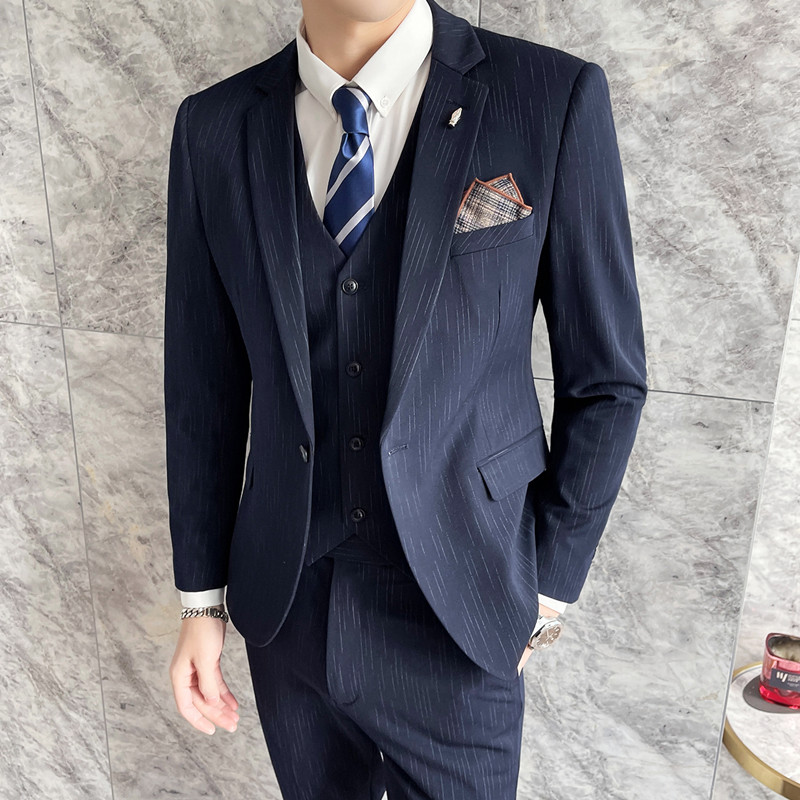 个性虚线条纹休闲西装套装男修身帅气西服三件套蓝色SJT109/P265图片