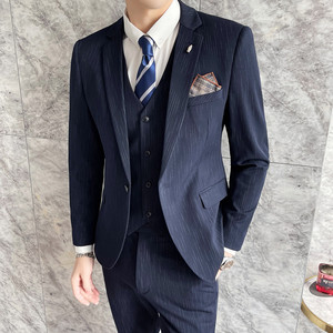 个性虚线条纹休闲西装套装男修身帅气西服三件套蓝色SJT109/P265图片