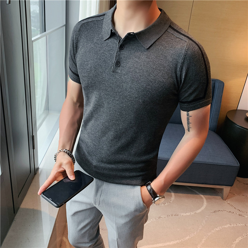 长期做~时尚拼色条纹修身弹力针织冰丝T恤男短袖POLO衫PL9802-P55,男装T恤,电商A213