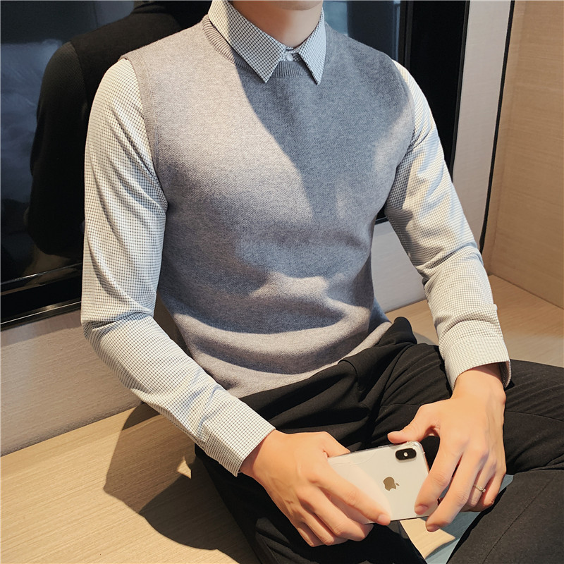 补齐大货千鸟格子衬衫领假两件纯色毛衣针织套头毛衣男M1512-P95，男装针织衫/毛衣，电商A213